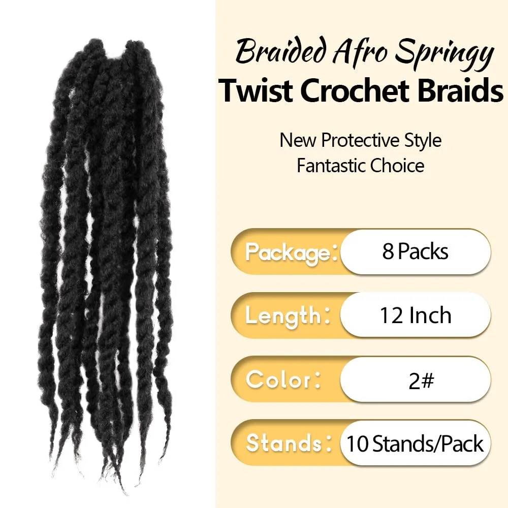 Braided Marley Twist Braiding Hair 12 Inch 8 Packs Pre-looped Short Afro Springy Crochet Braids Pre Twisted Senegalese Distressed Spring Synthetic Crochet Hair (2#, Off Black)