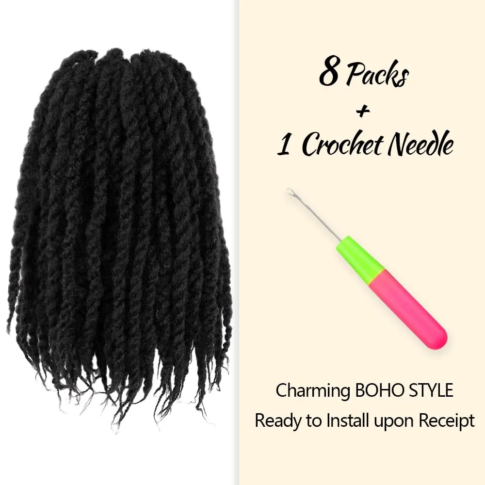 Braided Marley Twist Braiding Hair 12 Inch 8 Packs Pre-looped Short Afro Springy Crochet Braids Pre Twisted Senegalese Distressed Spring Synthetic Crochet Hair (2#, Off Black)
