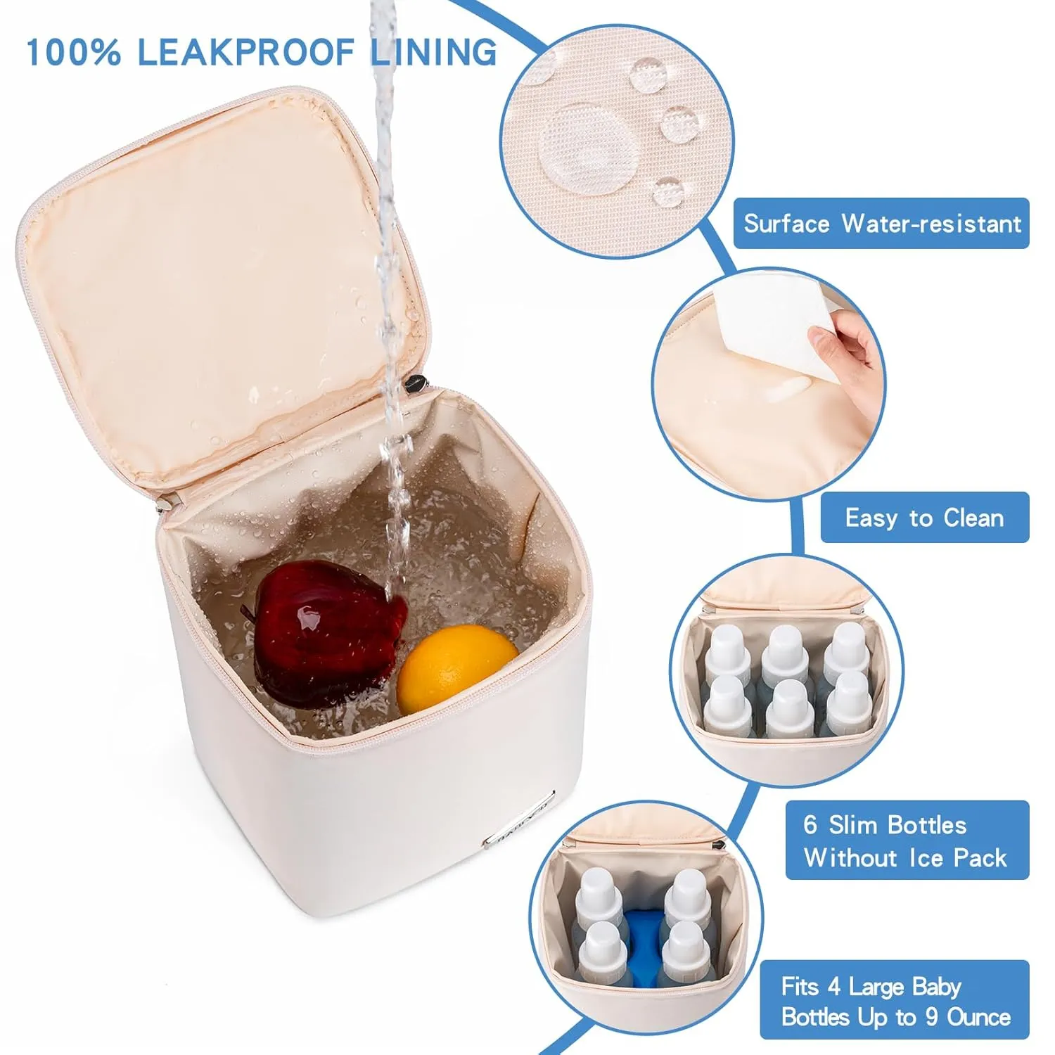 Breastmilk Cooler Bag with Ice Pack Fits 4 Baby Bottles Up to 9 Ounce, Baby Bottle Bag Great for Nursing Mom Daycare, Cream