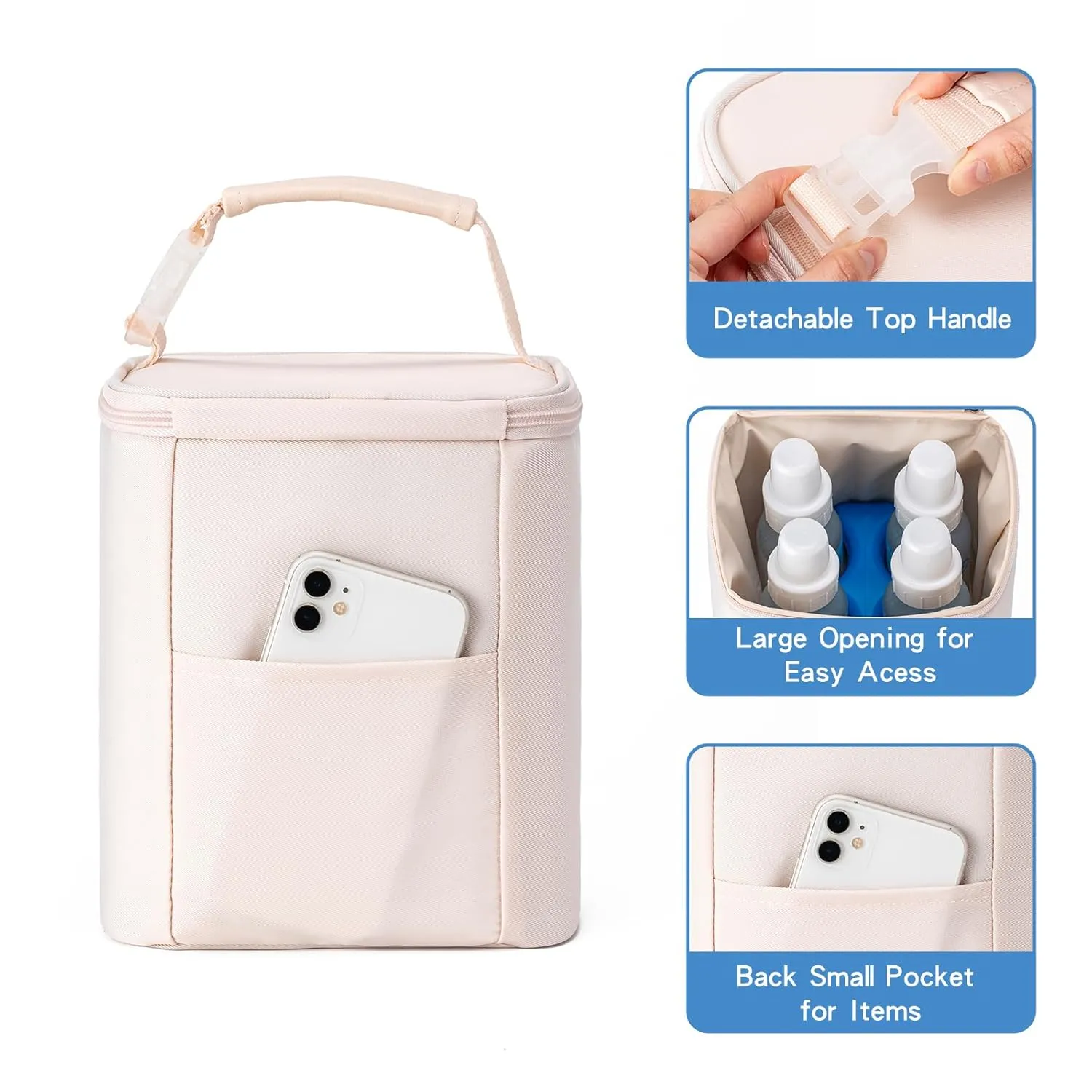 Breastmilk Cooler Bag with Ice Pack Fits 4 Baby Bottles Up to 9 Ounce, Baby Bottle Bag Great for Nursing Mom Daycare, Cream