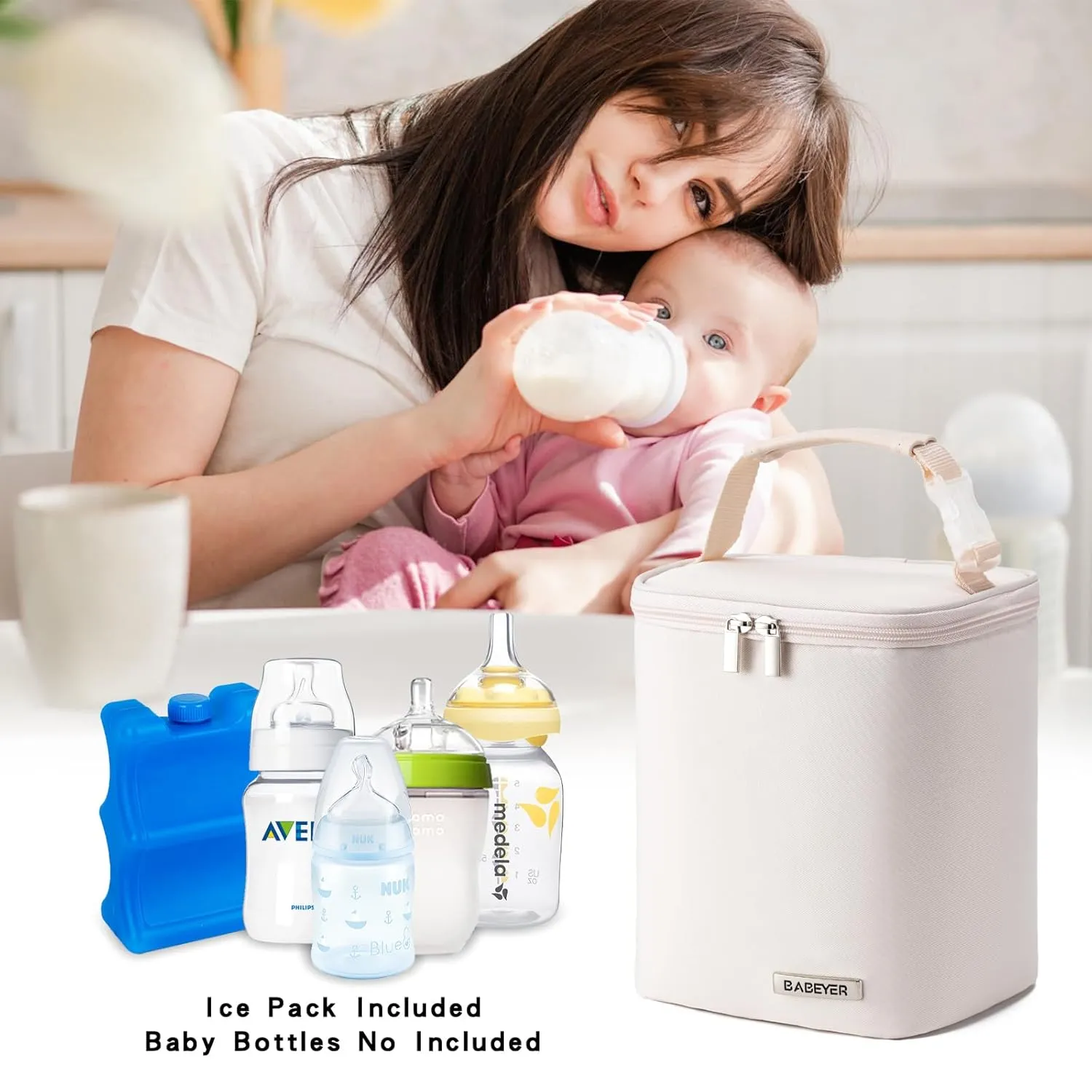 Breastmilk Cooler Bag with Ice Pack Fits 4 Baby Bottles Up to 9 Ounce, Baby Bottle Bag Great for Nursing Mom Daycare, Cream