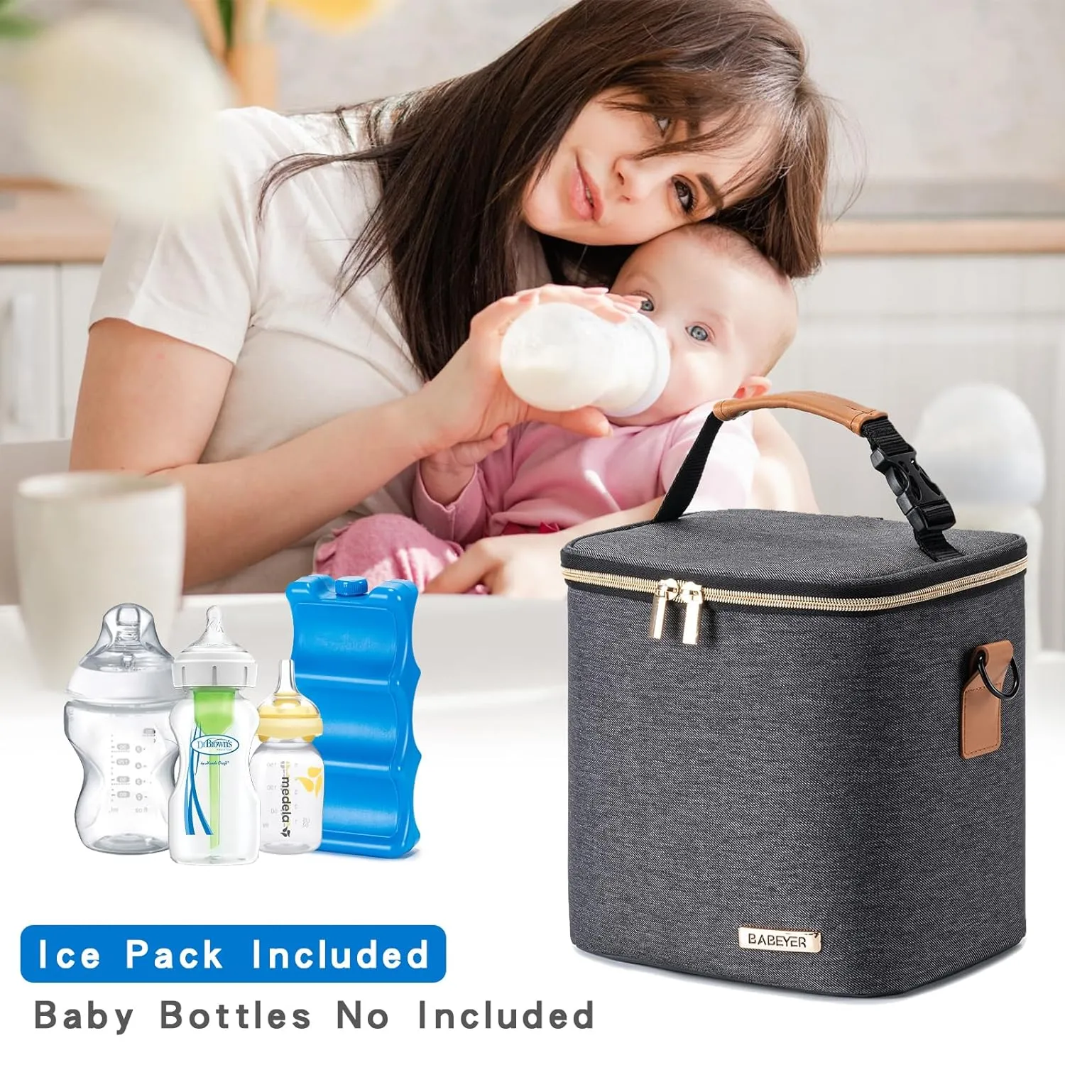 Breastmilk Cooler Bag with Ice Pack Fits 6 Baby Bottles Up to 9 Ounce, Baby Bottle Bag with Shoulder Strap for Nursing Mom Daycare,Dark Grey