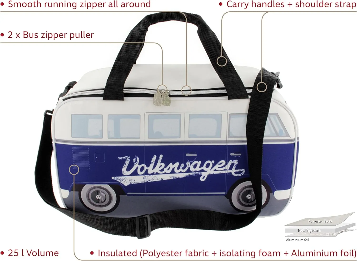 BRISA VW Collection - Volkswagen Insulated Cool-Warm Thermo Picnic Lunch Bag Box for Food in T1 Bus Design (25 Liters/6.6 Gallons)