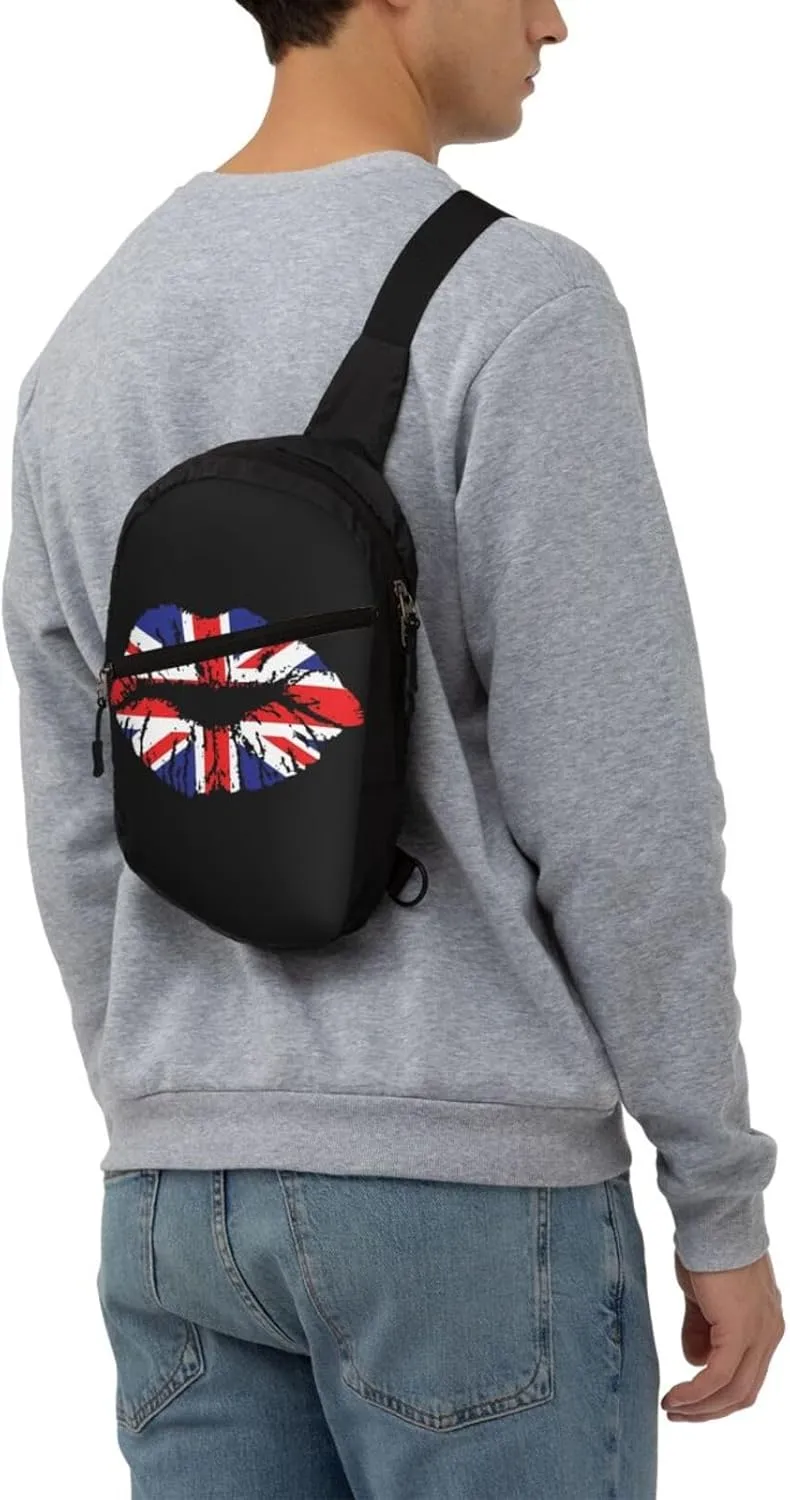 British England UK English Flag Lips Crossbody Bag Portable Sling Bags Foldable Chest Daypack Reusable Sports Shoulder Backpack Diagonally Casual Rucksack Travel Bag