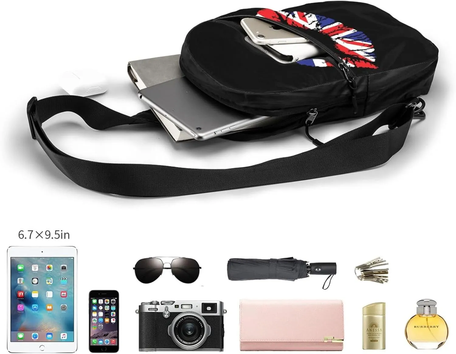 British England UK English Flag Lips Crossbody Bag Portable Sling Bags Foldable Chest Daypack Reusable Sports Shoulder Backpack Diagonally Casual Rucksack Travel Bag