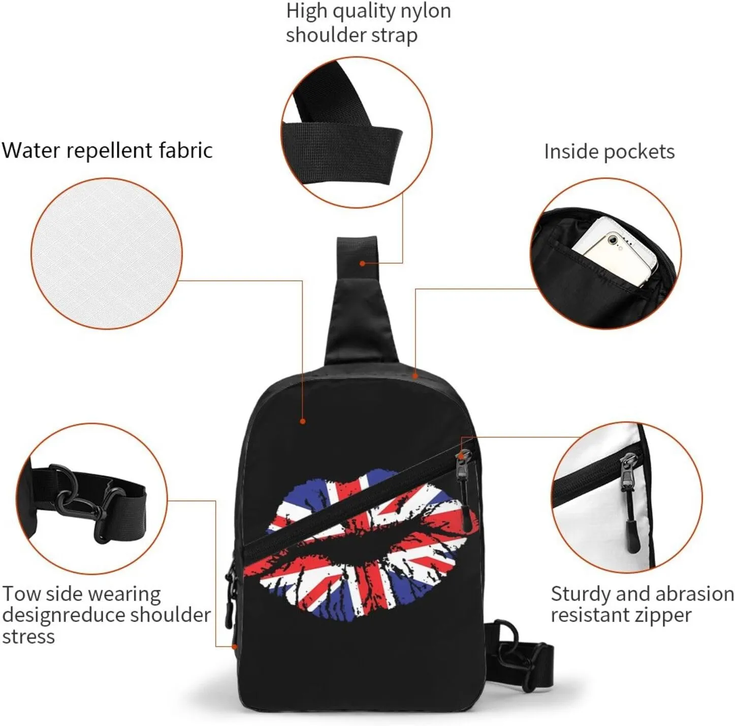 British England UK English Flag Lips Crossbody Bag Portable Sling Bags Foldable Chest Daypack Reusable Sports Shoulder Backpack Diagonally Casual Rucksack Travel Bag