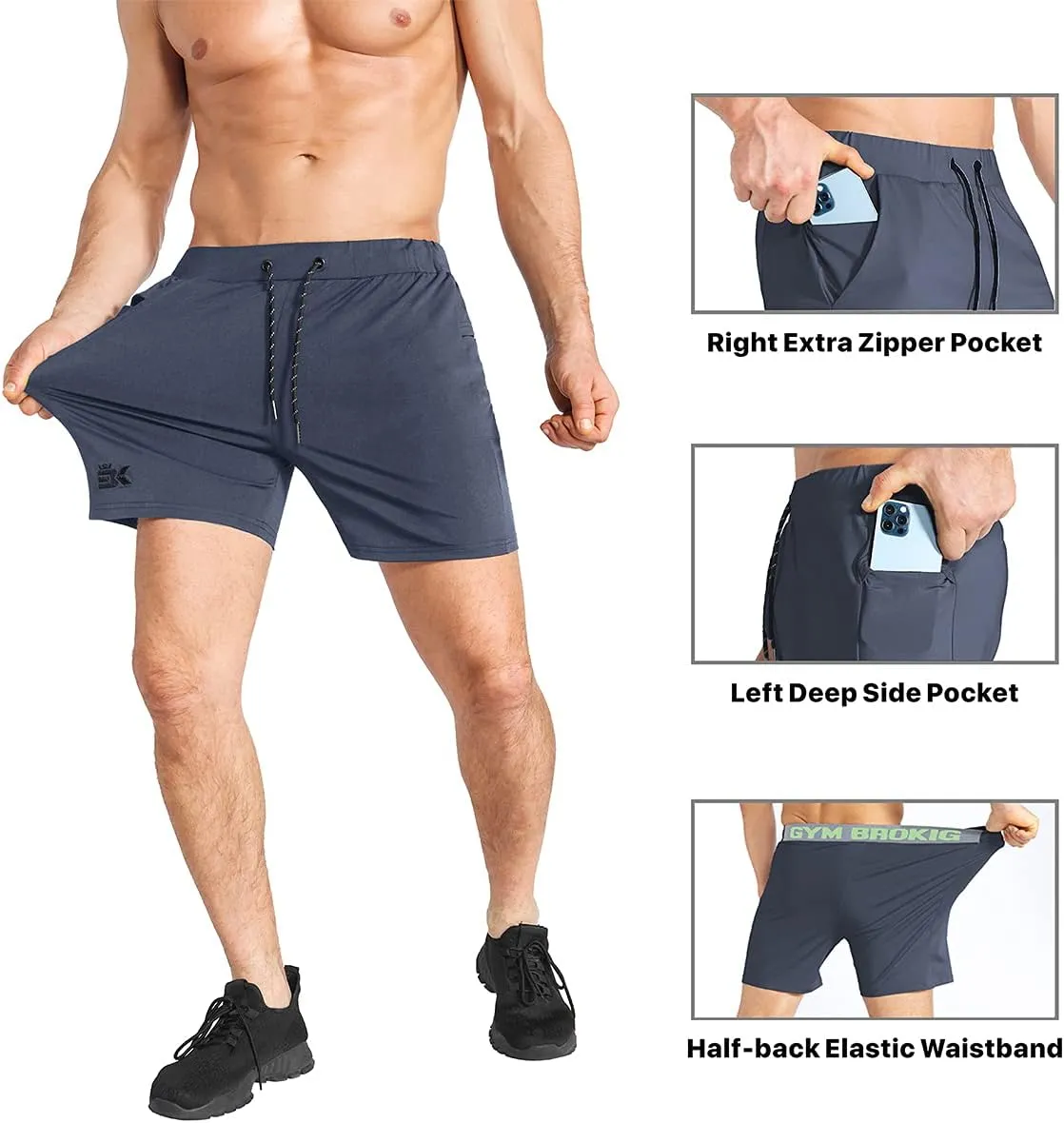 BROKIG Men's Lightweight Gym Shorts,Bodybuilding Quick Dry Running Athletic Workout Shorts for Men with Pockets