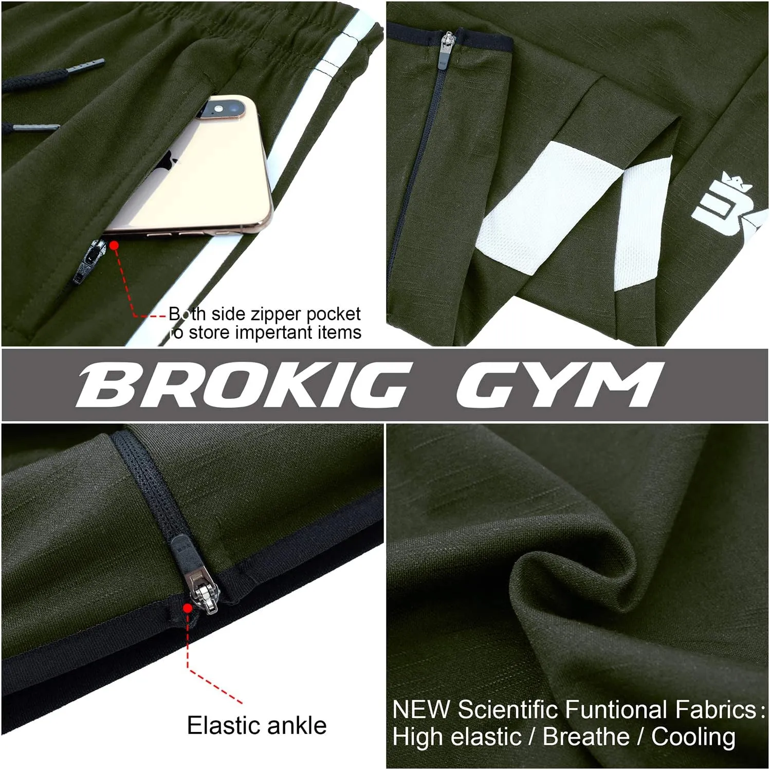 BROKIG Mens Strike White Workout Gym Athletic Jogger Pants Lightweight Running Sweatpants for Men with Pockets