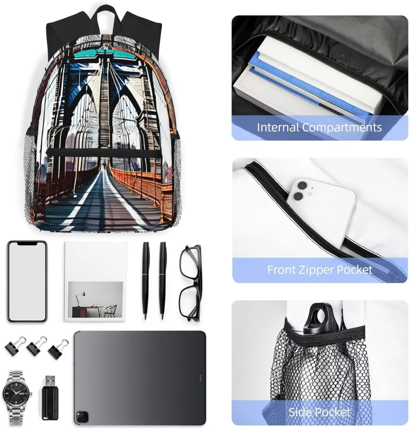 Brooklyn Bridge Backpacks Lightweight With 1 Main Compartment, Shoulder Rucksack Carry-On