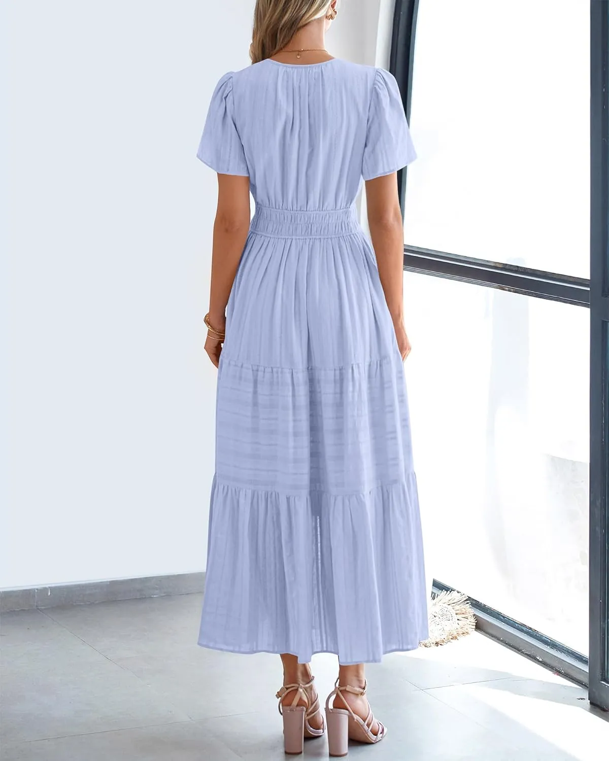 BTFBM Womens Summer 2025 Casual Midi Maxi Dresses Lightweight Short Sleeve V Neck Elastic Waist Boho Beach Dress Pockets