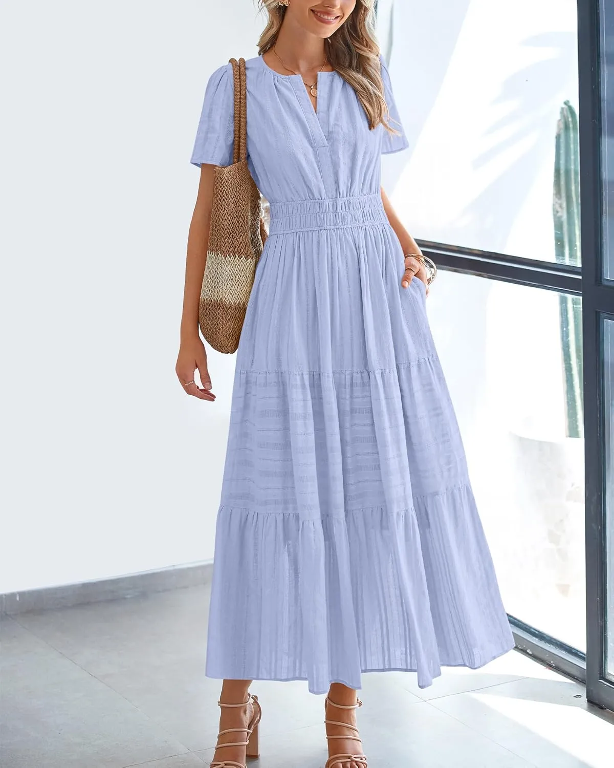 BTFBM Womens Summer 2025 Casual Midi Maxi Dresses Lightweight Short Sleeve V Neck Elastic Waist Boho Beach Dress Pockets