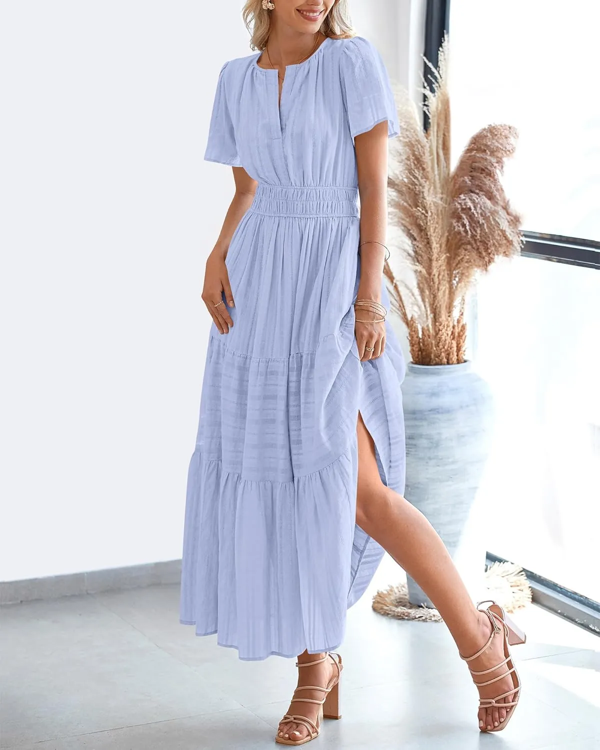 BTFBM Womens Summer 2025 Casual Midi Maxi Dresses Lightweight Short Sleeve V Neck Elastic Waist Boho Beach Dress Pockets