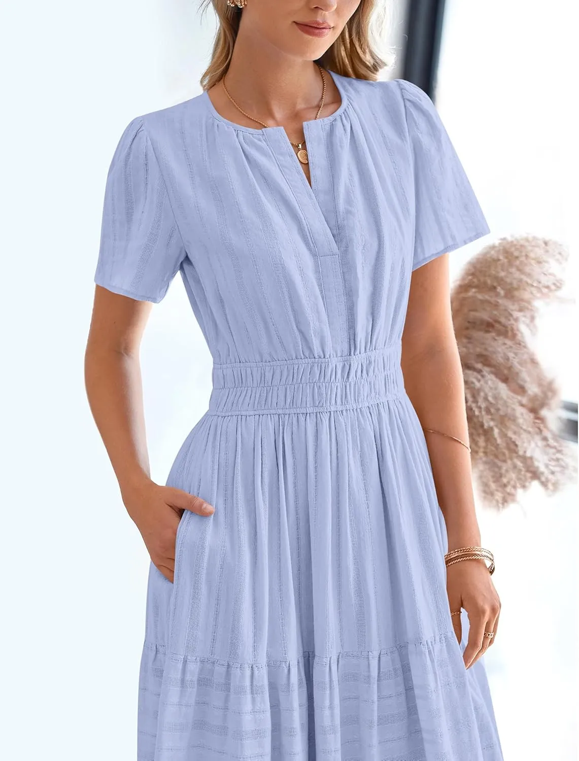 BTFBM Womens Summer 2025 Casual Midi Maxi Dresses Lightweight Short Sleeve V Neck Elastic Waist Boho Beach Dress Pockets
