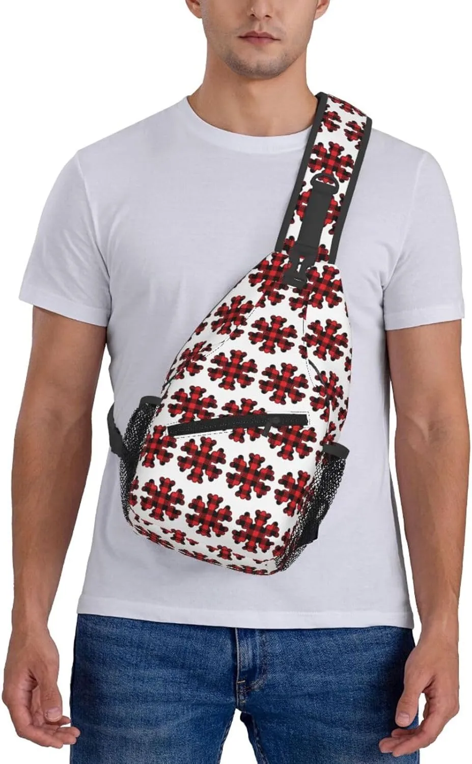 Buffalo Plaid Snowflake Crossbody Bag Cross Chest Bag Adjustable Sling Backpack Sports Gym Shoulder Bags Travel Cycling Daypack Diagonally Casual Rucksack
