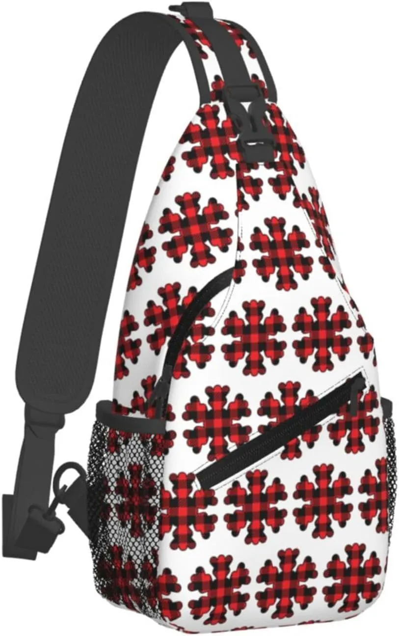 Buffalo Plaid Snowflake Crossbody Bag Cross Chest Bag Adjustable Sling Backpack Sports Gym Shoulder Bags Travel Cycling Daypack Diagonally Casual Rucksack