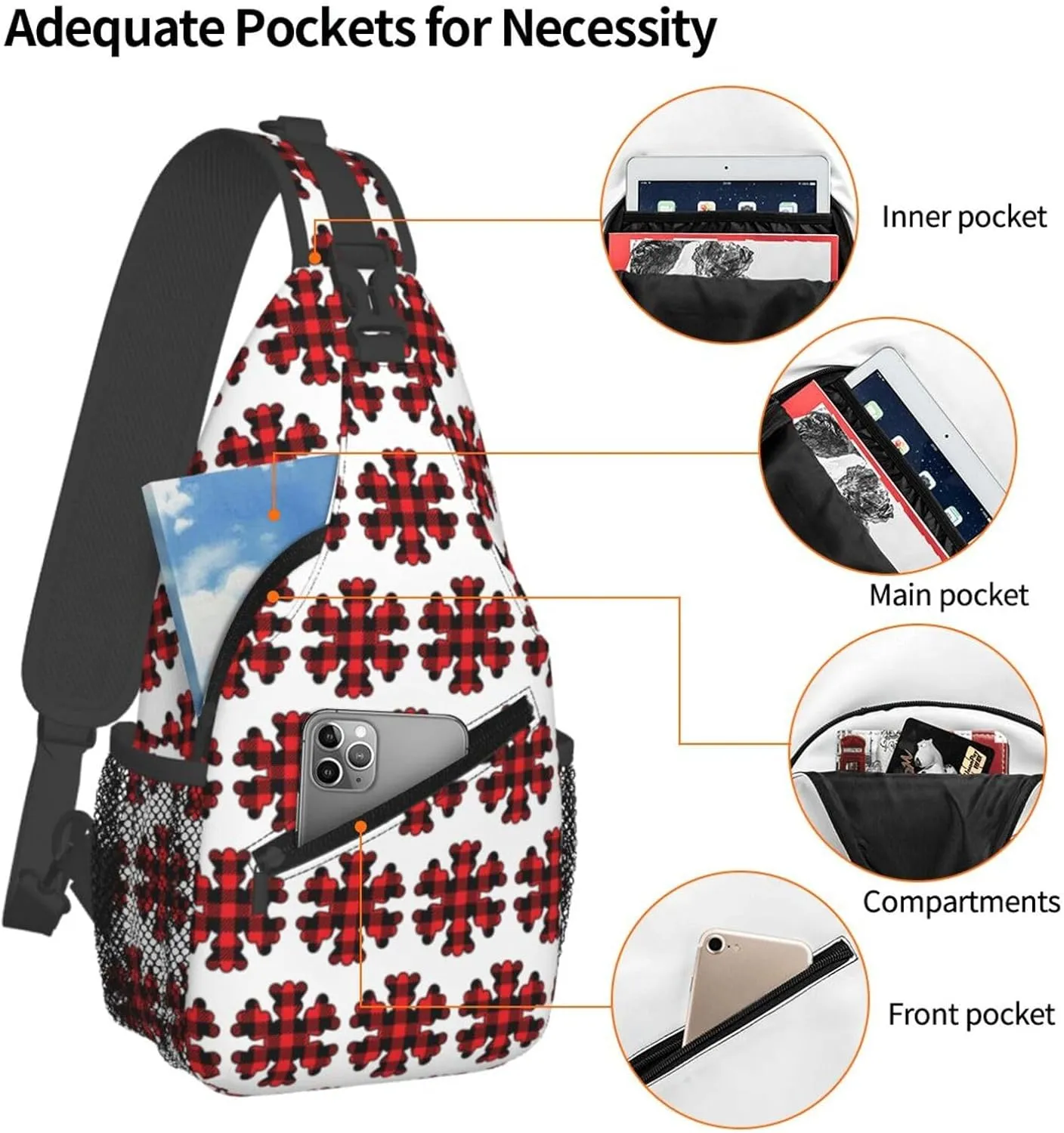 Buffalo Plaid Snowflake Crossbody Bag Cross Chest Bag Adjustable Sling Backpack Sports Gym Shoulder Bags Travel Cycling Daypack Diagonally Casual Rucksack