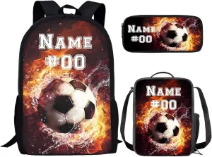 Bulopur Custom Soccer Backpack For Boys 8-12 with Lunch Box and Pencil Case Personalized Name and Number Water Fire Kids Rucksack with Adjustable Straps Double Zipper Backpack