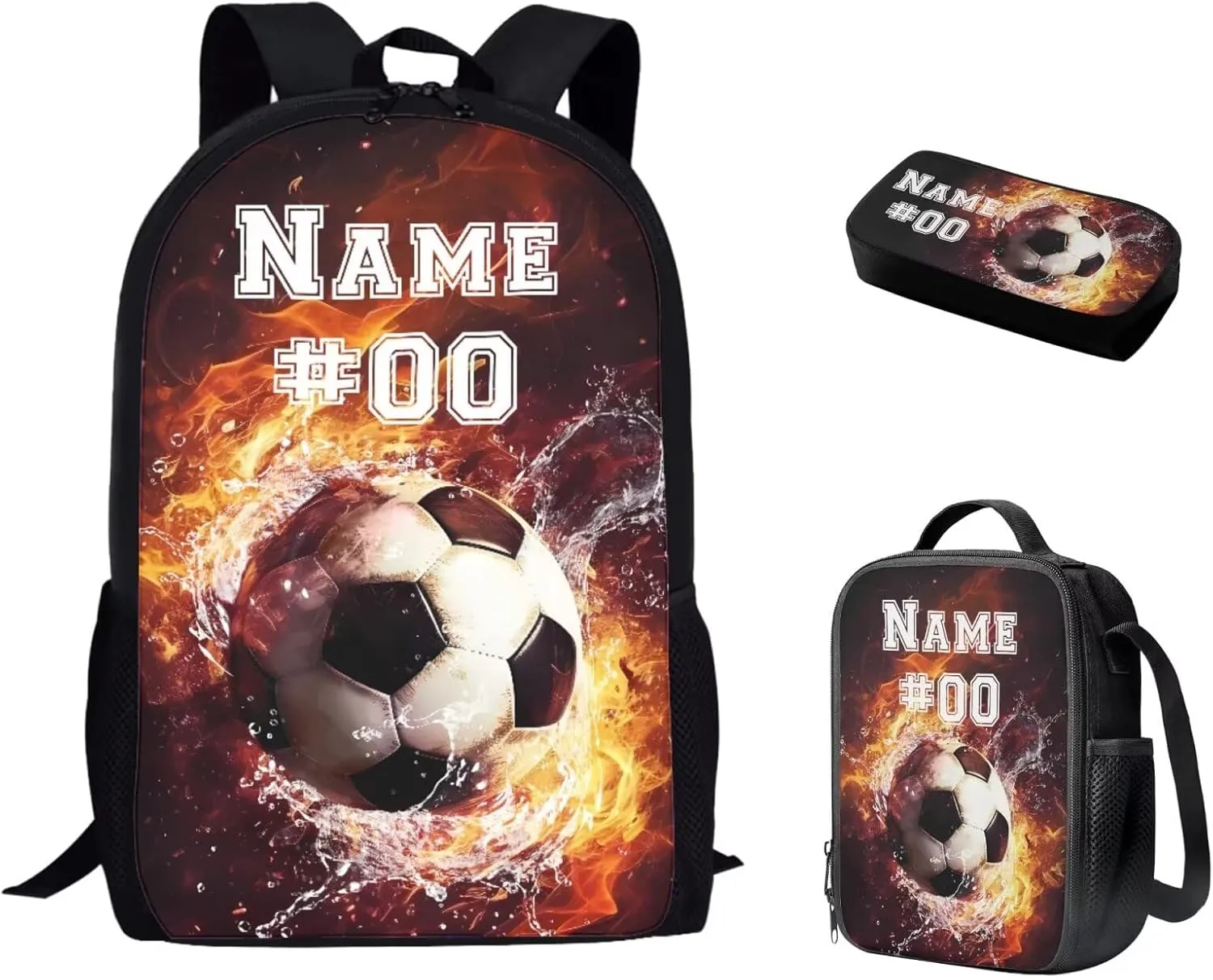 Bulopur Custom Soccer Backpack For Boys 8-12 with Lunch Box and Pencil Case Personalized Name and Number Water Fire Kids Rucksack with Adjustable Straps Double Zipper Backpack