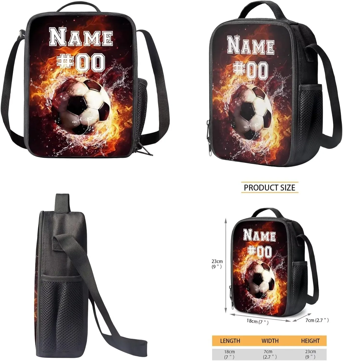 Bulopur Custom Soccer Backpack For Boys 8-12 with Lunch Box and Pencil Case Personalized Name and Number Water Fire Kids Rucksack with Adjustable Straps Double Zipper Backpack