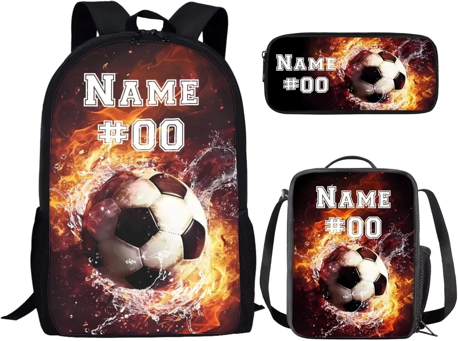 Bulopur Custom Soccer Backpack For Boys 8-12 with Lunch Box and Pencil Case Personalized Name and Number Water Fire Kids Rucksack with Adjustable Straps Double Zipper Backpack