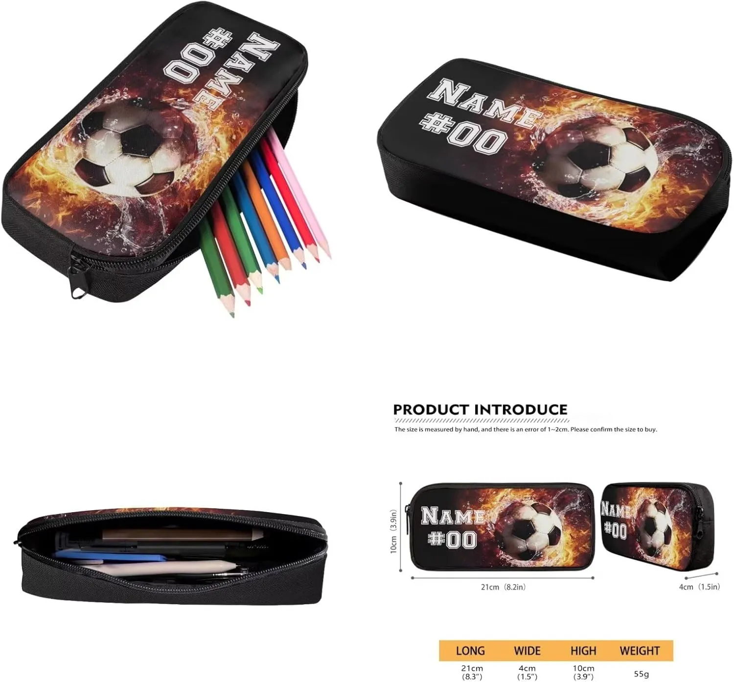 Bulopur Custom Soccer Backpack For Boys 8-12 with Lunch Box and Pencil Case Personalized Name and Number Water Fire Kids Rucksack with Adjustable Straps Double Zipper Backpack