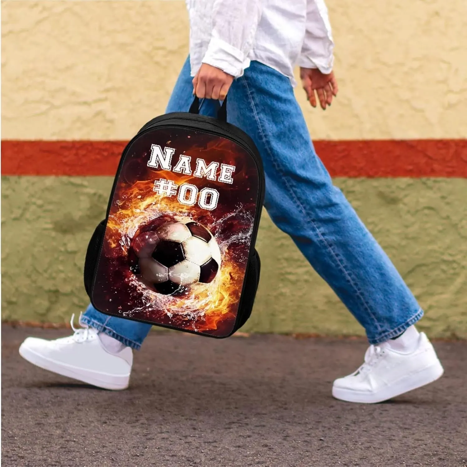 Bulopur Custom Soccer Backpack For Boys 8-12 with Lunch Box and Pencil Case Personalized Name and Number Water Fire Kids Rucksack with Adjustable Straps Double Zipper Backpack