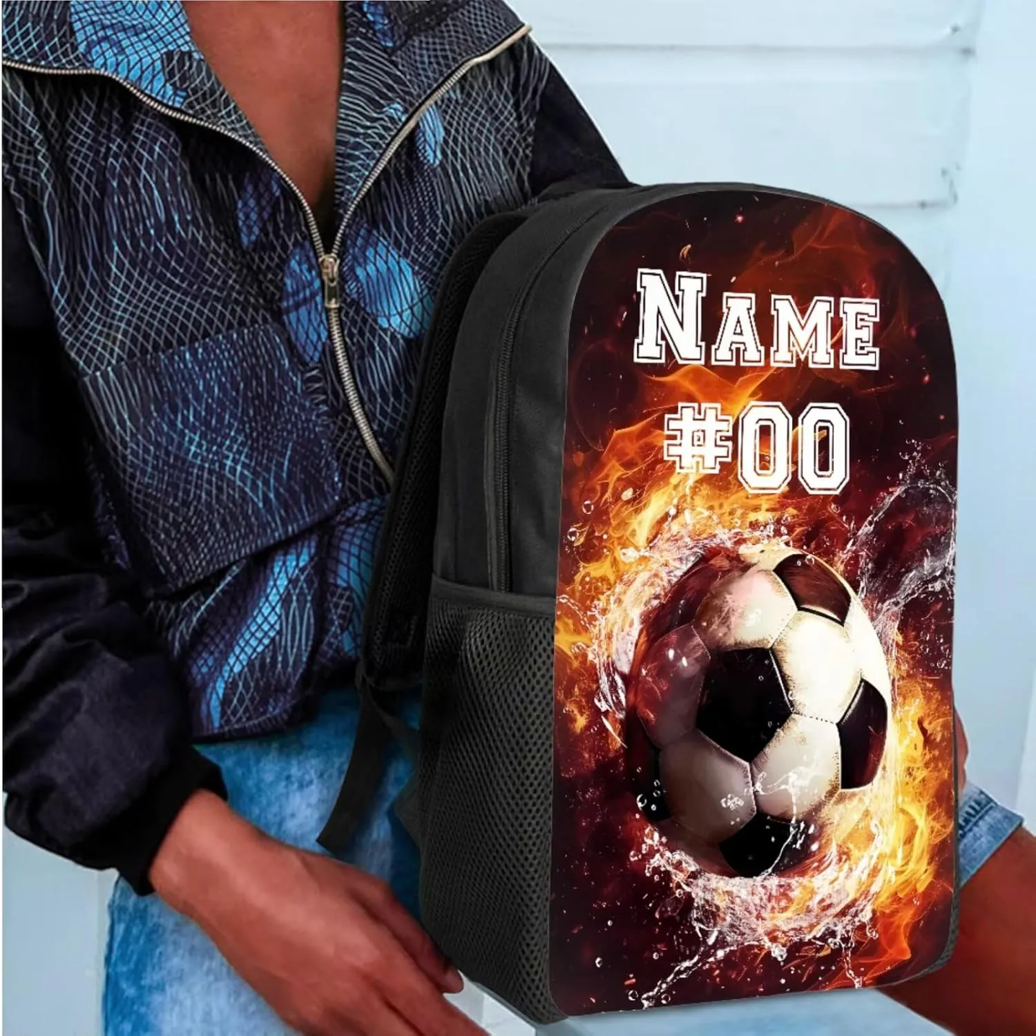 Bulopur Custom Soccer Backpack For Boys 8-12 with Lunch Box and Pencil Case Personalized Name and Number Water Fire Kids Rucksack with Adjustable Straps Double Zipper Backpack