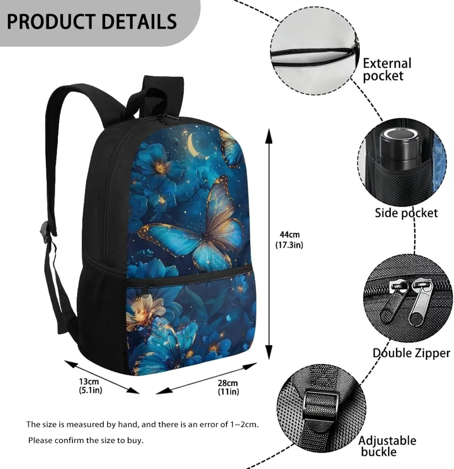 Butterfly Backpack for 7th Grade Girls School Bags 12-14 Kids Large Bookbag Flowers Lightweight 17 Inch Hiking Camping Book Bag Blue Backpacks Casual Daypacks for Middle Schools