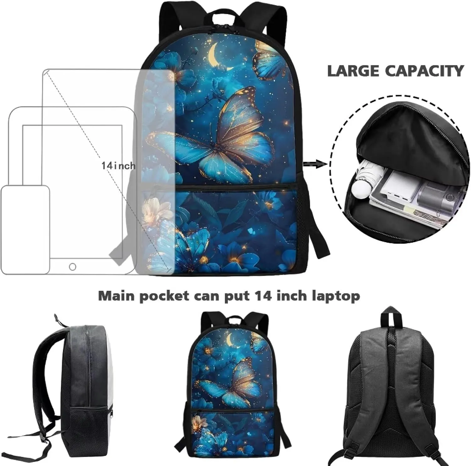 Butterfly Backpack for 7th Grade Girls School Bags 12-14 Kids Large Bookbag Flowers Lightweight 17 Inch Hiking Camping Book Bag Blue Backpacks Casual Daypacks for Middle Schools