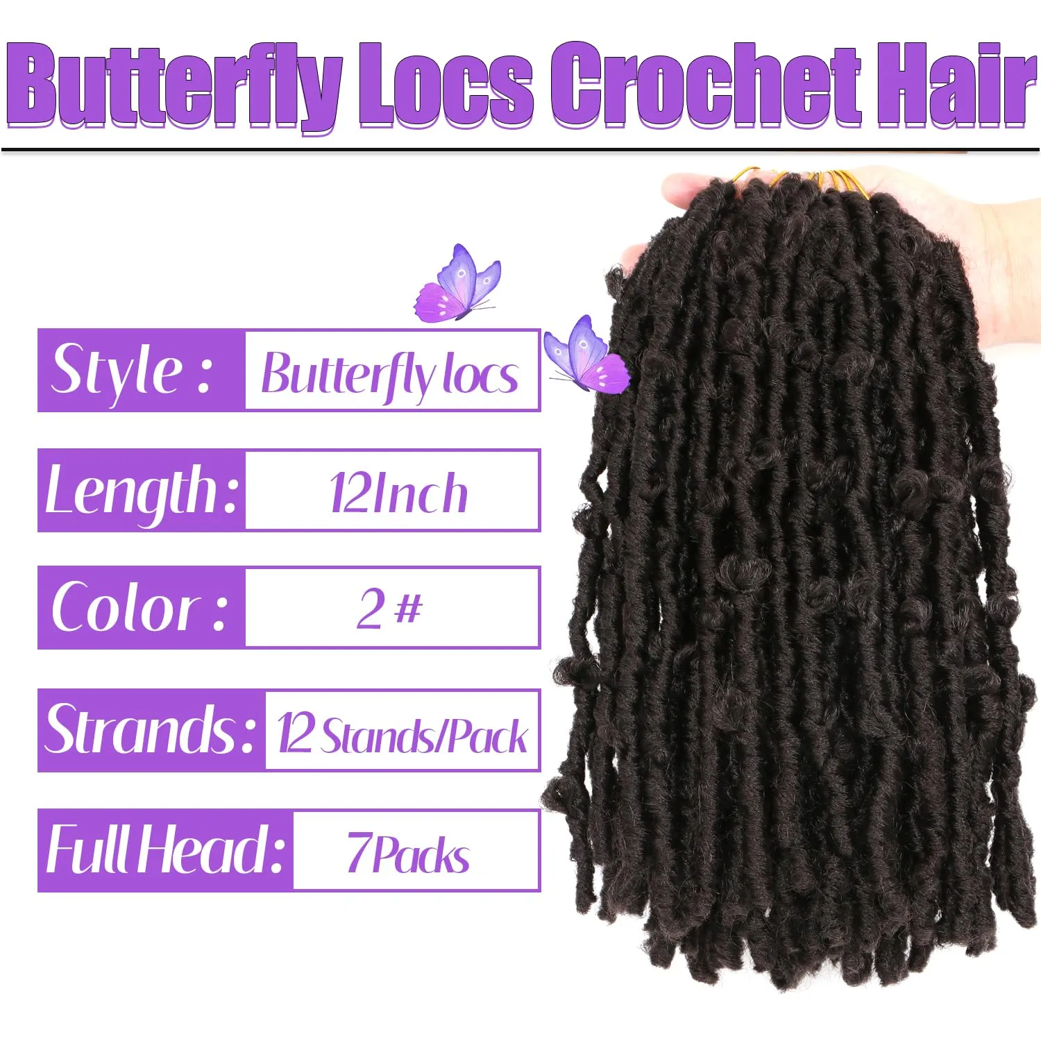 Butterfly Locs Crochet Hair 7 Packs 12 Inch Lightweight Pre Looped Soft Faux Locs for Black Women (12 Inch(Pack of 7), 2#)