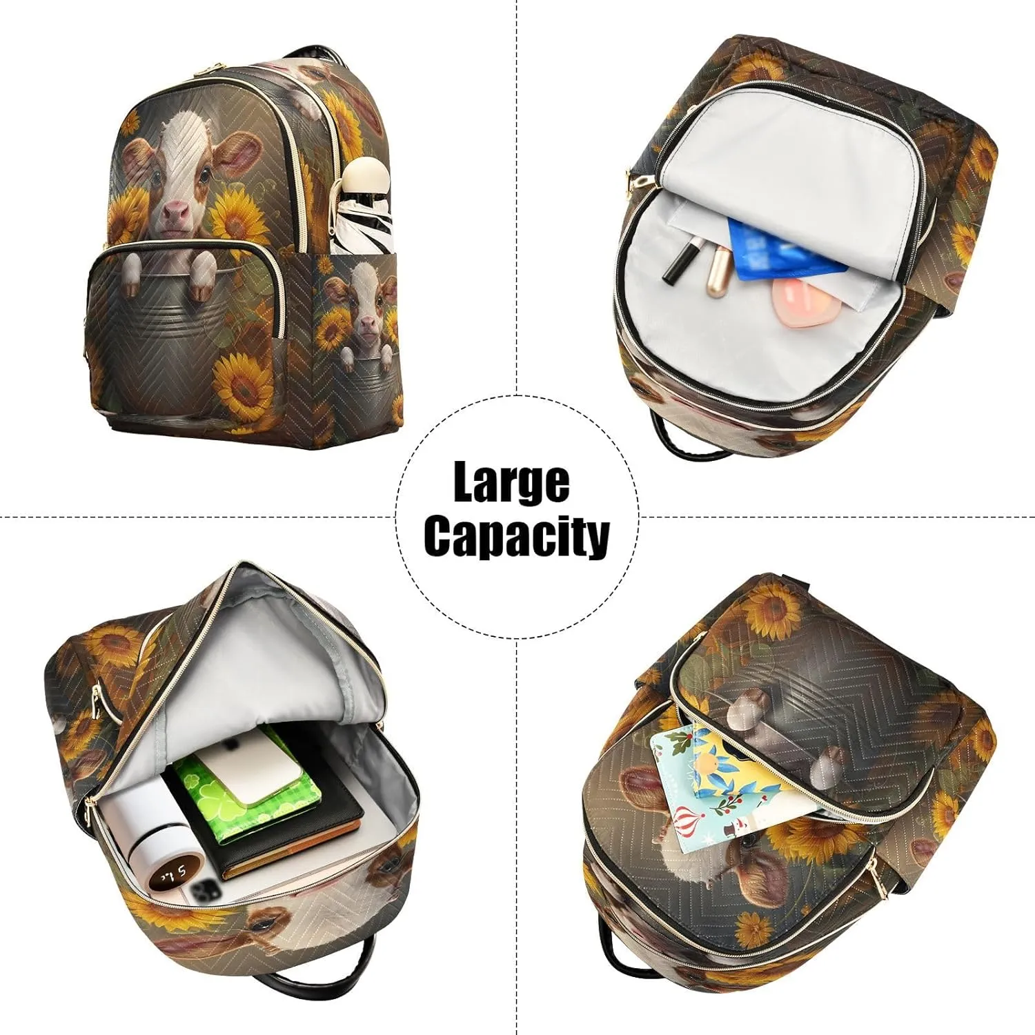 Calf Sunflowers Dark Brown Backpack Purse for Women Travel Bag with Anti-theft Back for Trips Hiking S