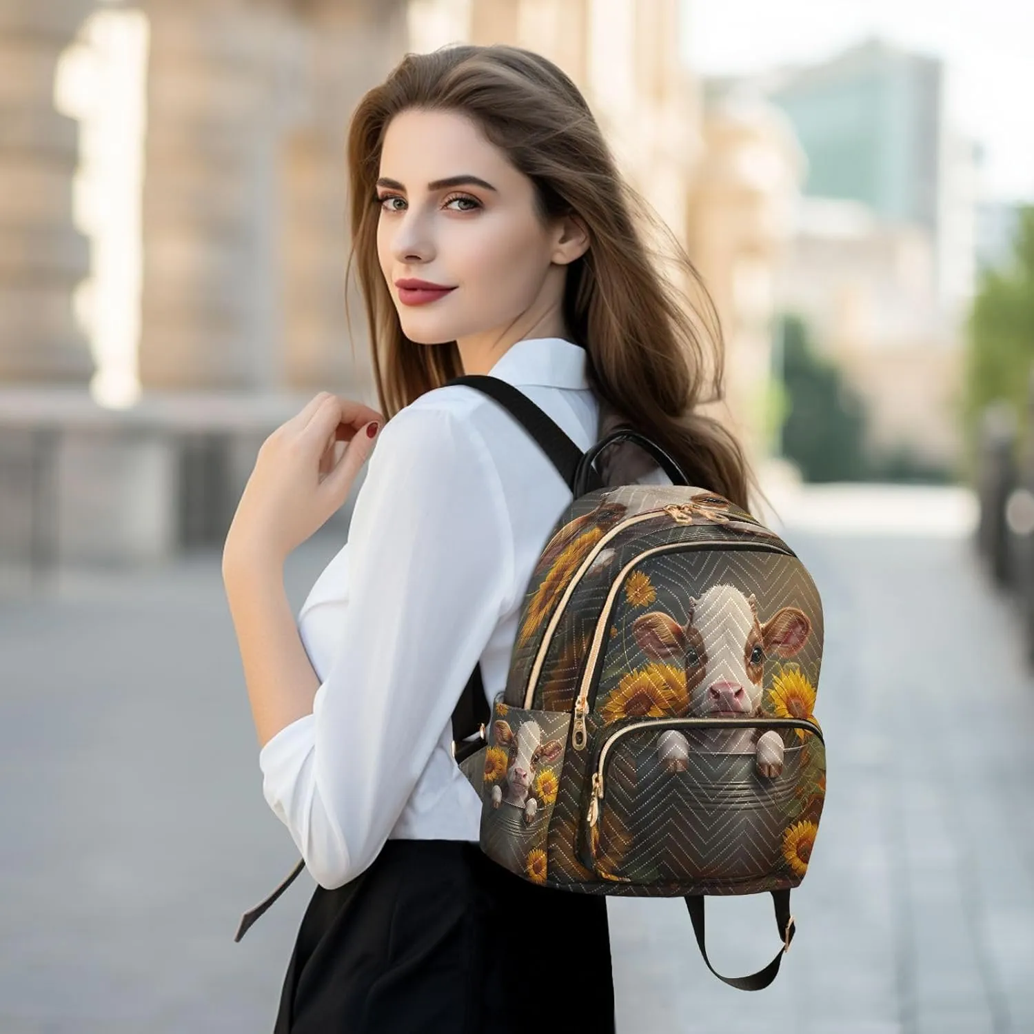 Calf Sunflowers Dark Brown Backpack Purse for Women Travel Bag with Anti-theft Back for Trips Hiking S
