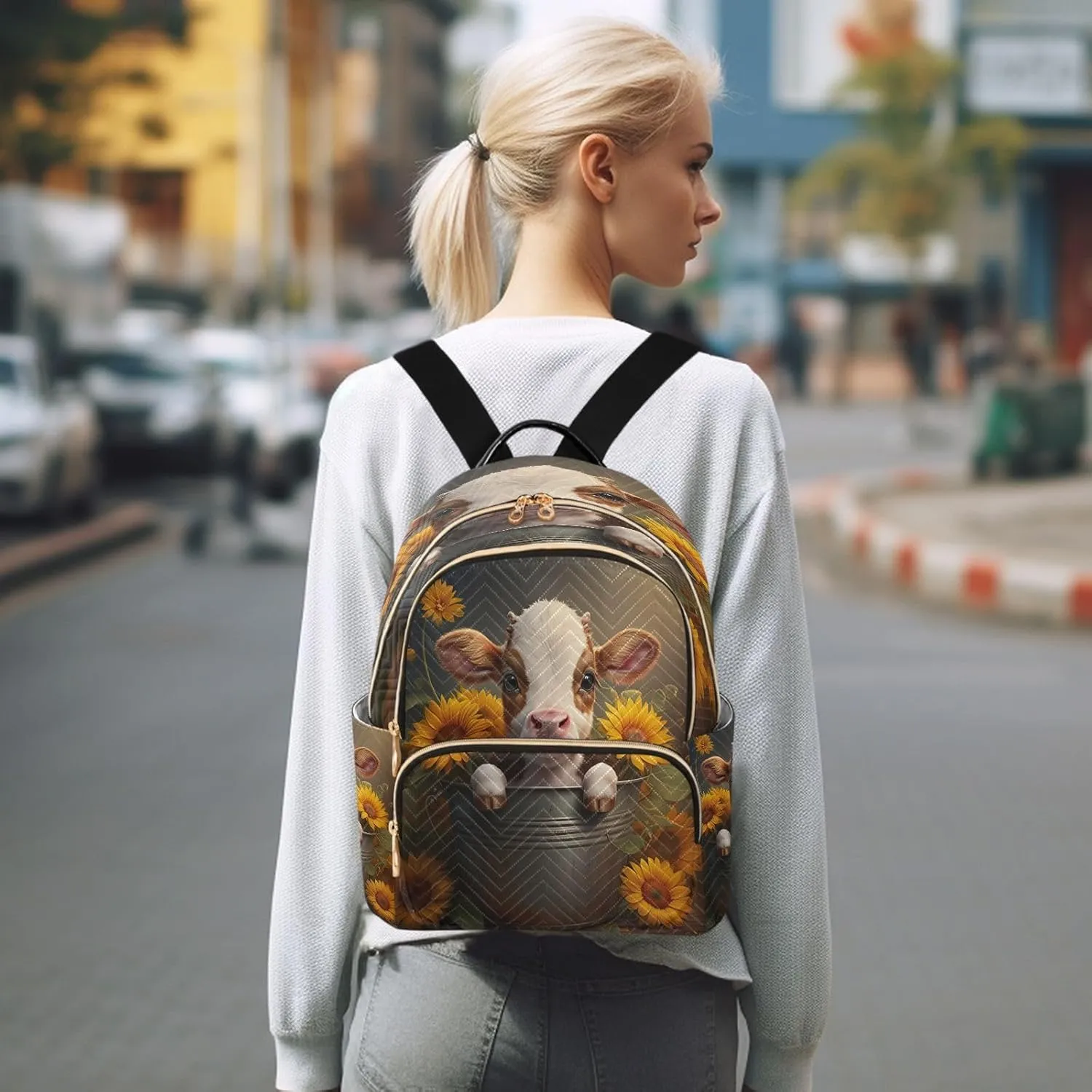 Calf Sunflowers Dark Brown Backpack Purse for Women Travel Bag with Anti-theft Back for Trips Hiking S