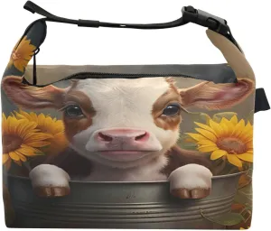 Calf Sunflowers Dark Brown Kids Lunch Box for Boys Girls Insulated Food Container Mini Snack Bag with Handle Buckle for Men Travel