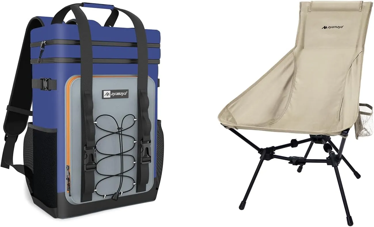Camping Chair   Backpack Cooler, Blue 40 Cans Leakproof Cooler Backpack, Ultralight High Back Folding Chairs for Camping Beach Picnic BBQ