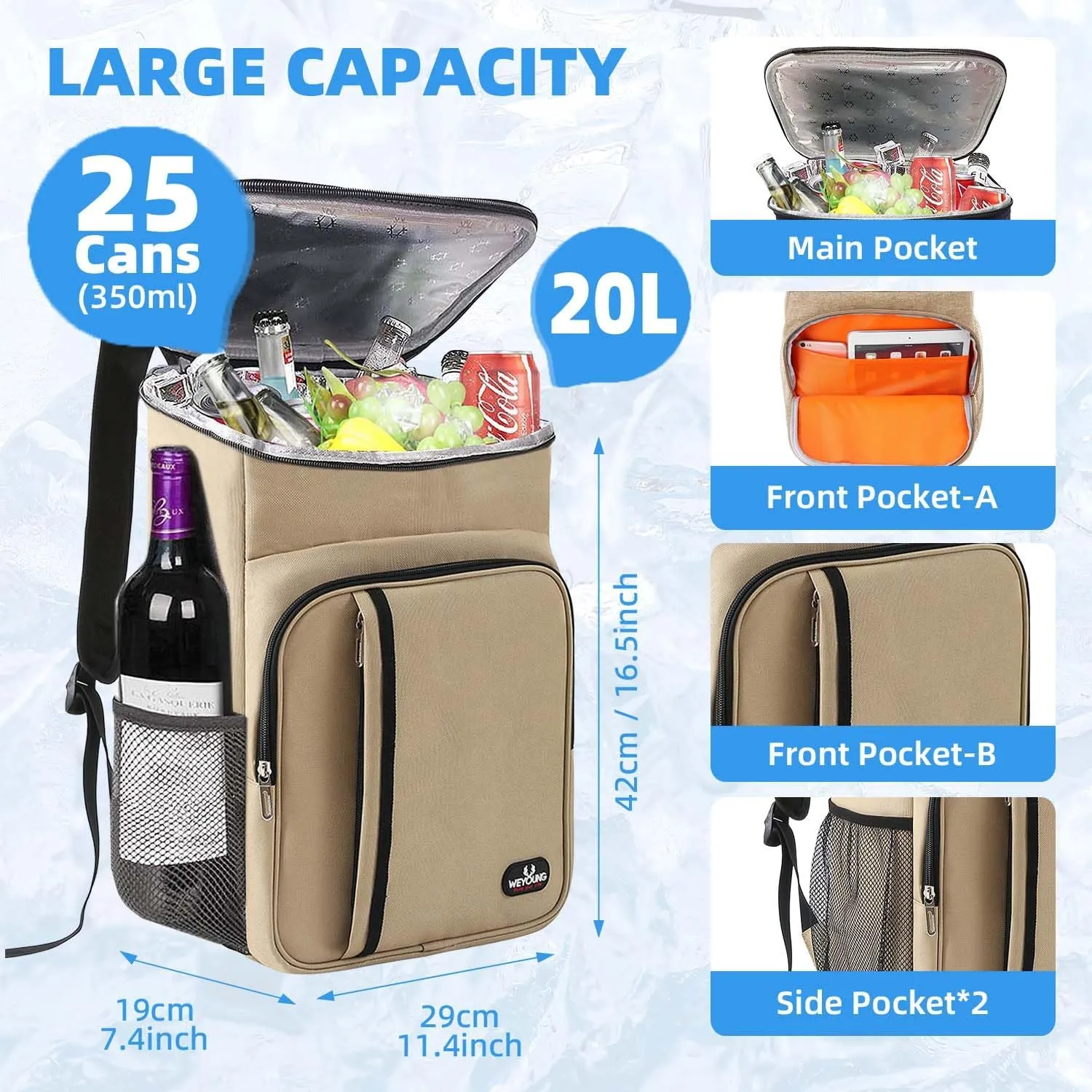 Camping Cooler Backpack 25 Cans, Leak Proof Insulated Thermal Bag, Beach Travel Picnic Lunch Backpack for Men Women