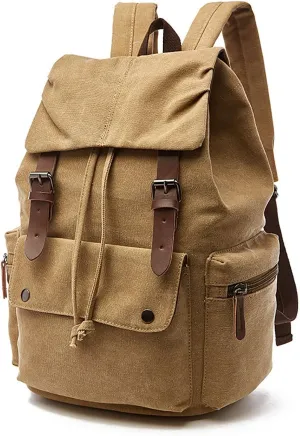 Canvas Backpack Rucksack Genuine Leather Casual Daypack College Bookbag for Men Women Outdoor Cycling Hiking Travel Laptop Khaki