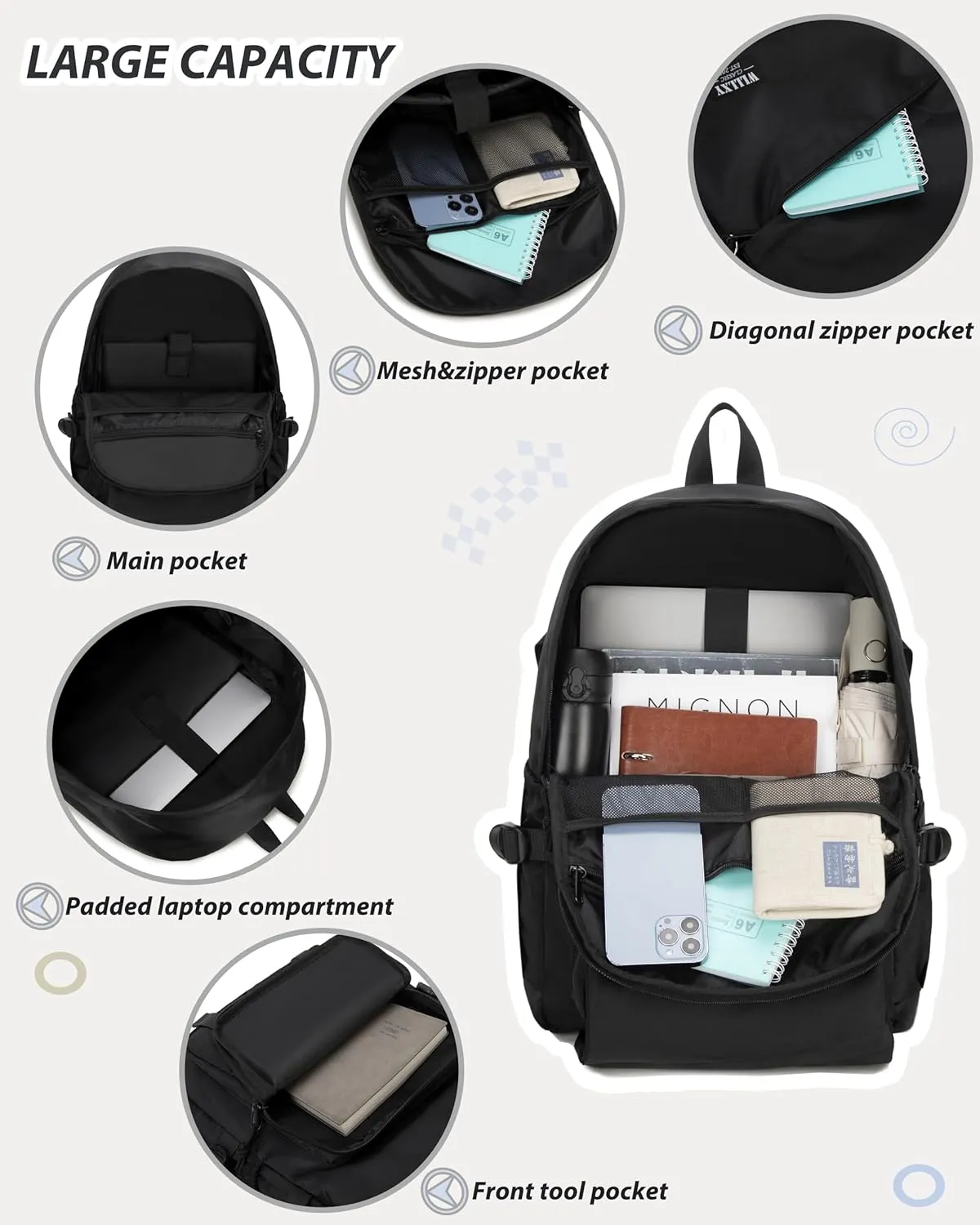 Caoroky knight College School Bag for Men Women Laptop Backpack 15.6 Inch Anti Theft Travel Daypack Large Elementary Middle High Bookbags for Teens Girls Boys Students-Medium，black