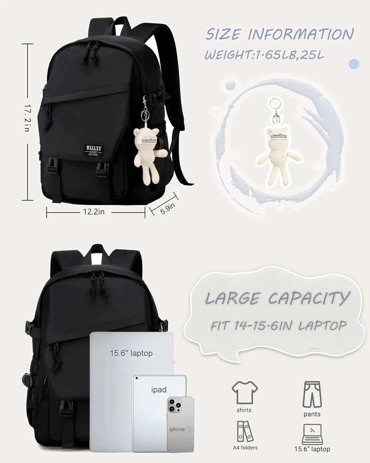 Caoroky knight College School Bag for Men Women Laptop Backpack 15.6 Inch Anti Theft Travel Daypack Large Elementary Middle High Bookbags for Teens Girls Boys Students-Medium，black
