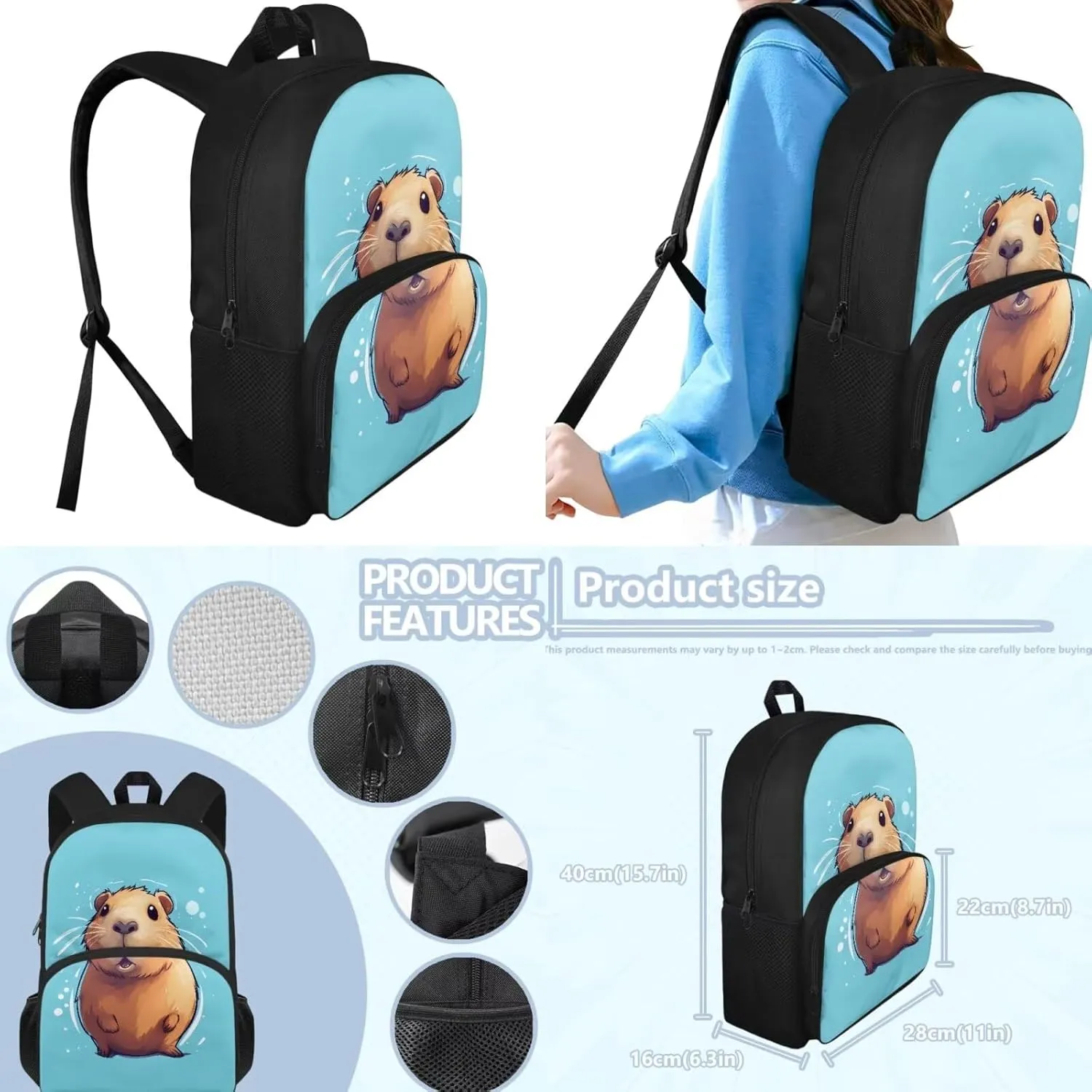Capybara Bookbag Set for Preschool Girls 3-in-1 Backpack Set with Lunch Box Pencil Case Kids Cute Large School Bags Lightweight Travel Shoulder Bag Casual Daypacks Rucksack