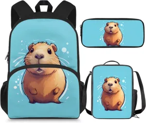 Capybara Bookbag Set for Preschool Girls 3-in-1 Backpack Set with Lunch Box Pencil Case Kids Cute Large School Bags Lightweight Travel Shoulder Bag Casual Daypacks Rucksack