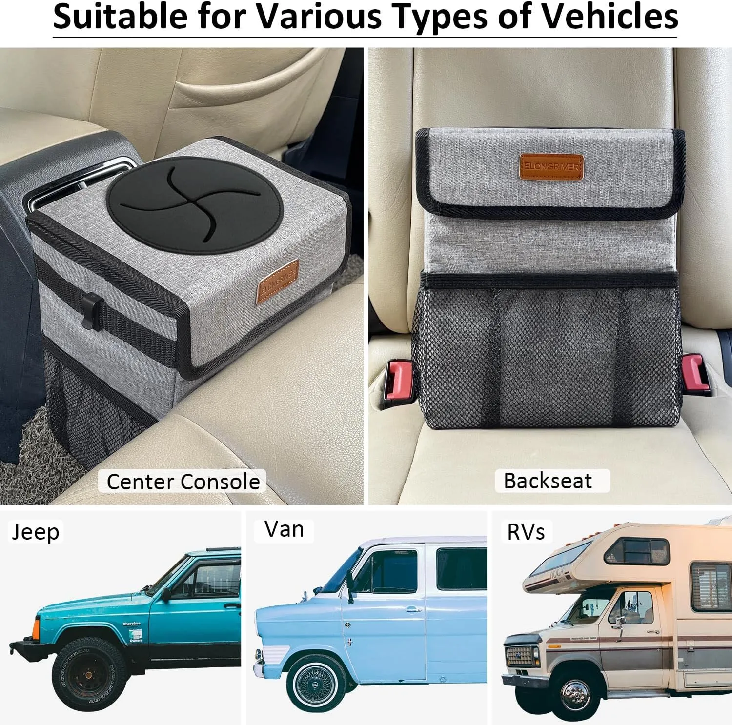 Car Trash Can for Car with Lid Leak Proof, Cute Car Can Trash Bag Hanging, Vehicle Trash Can for SUV Truck Van, Car Garbage Can for Back Front Seat Grey