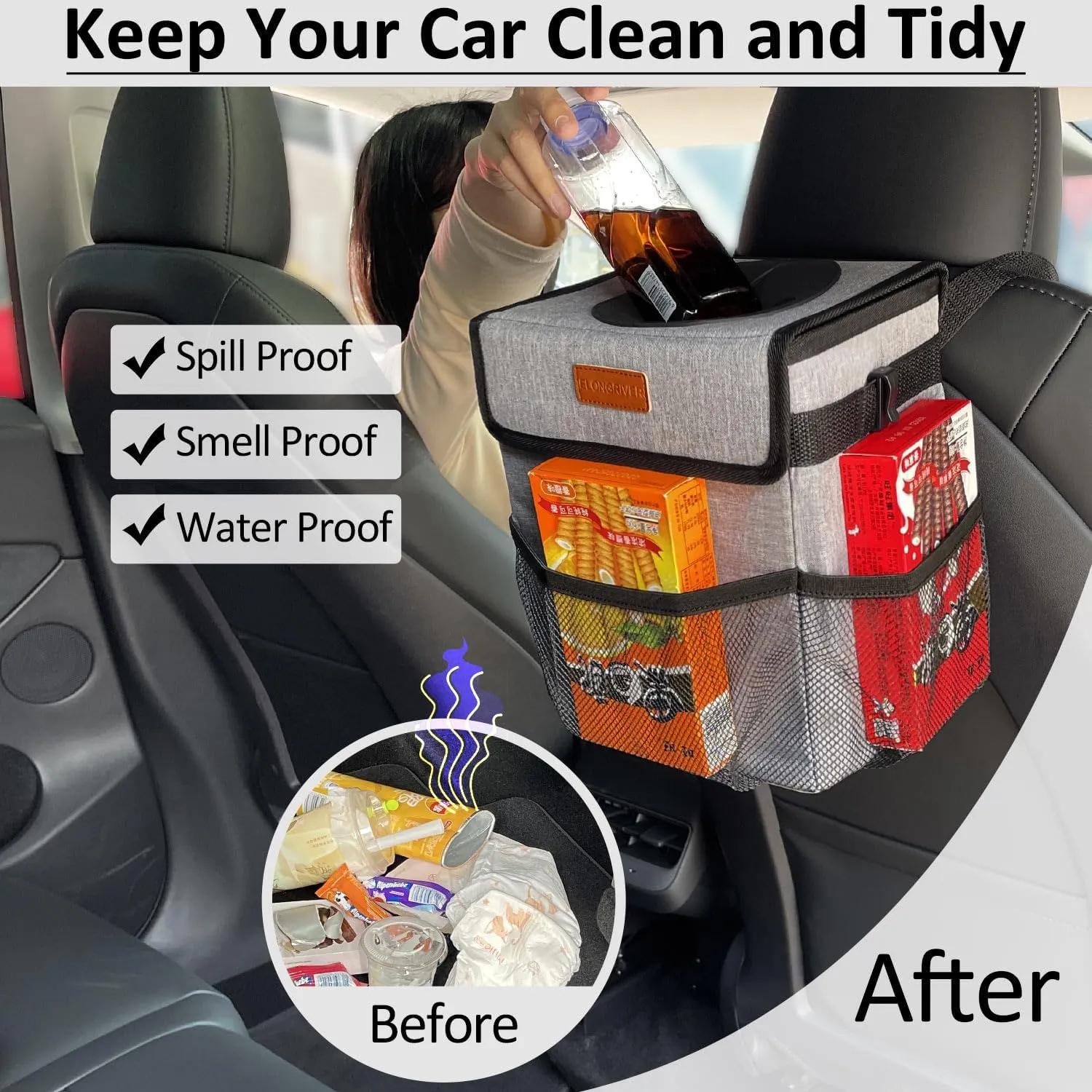 Car Trash Can for Car with Lid Leak Proof, Cute Car Can Trash Bag Hanging, Vehicle Trash Can for SUV Truck Van, Car Garbage Can for Back Front Seat Grey