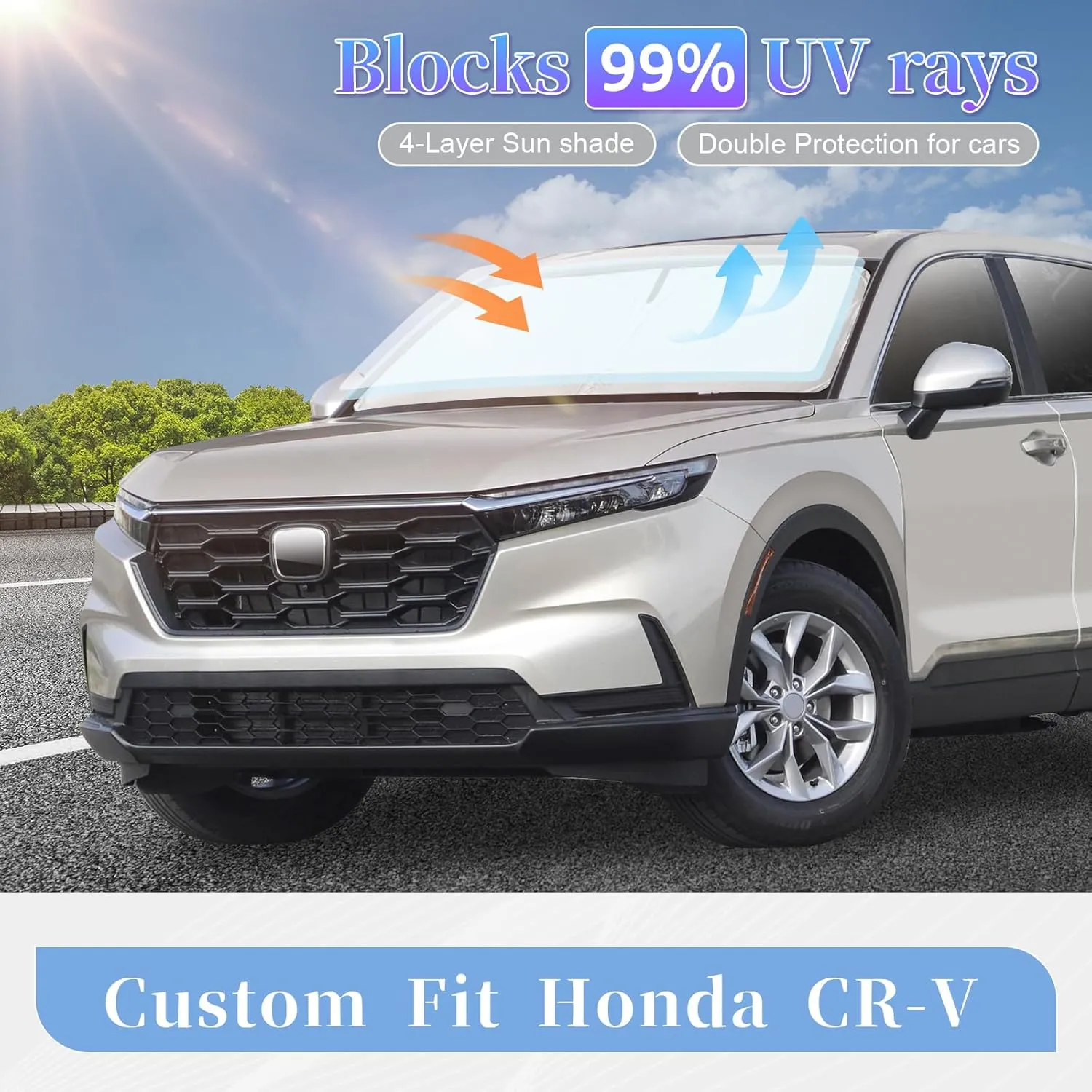Car Windshield Sun Shade for Honda CRV 2023 2024 2025, 4-Layer Front Window Shade Cover Protector Custom Fit CR-V SUV Accessories Sun Visor Screen 240T Retractable Sunshade Blocks UV Rays