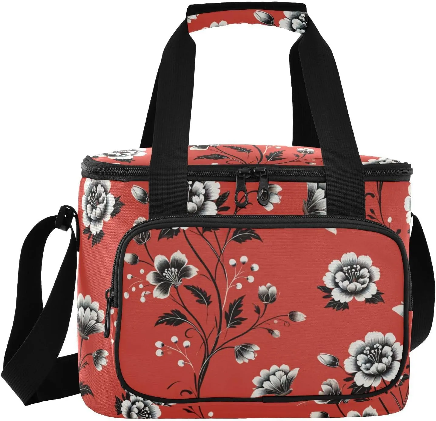 Carol Red Floral Insulated Cooler Bag for Women Men Leakproof 24 Can Camping Car Coolers for Grocery Office