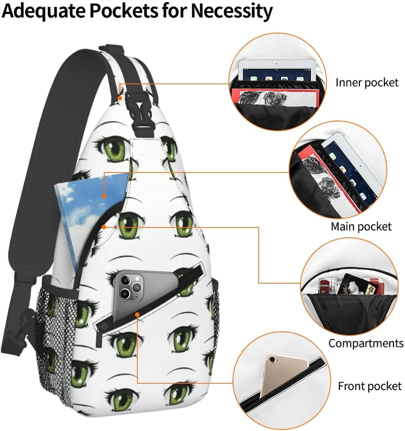 Cartoon Cute Green Eyes Crossbody Bag Cross Chest Bag Adjustable Sling Backpack Sports Gym Shoulder Bags Travel Cycling Daypack Diagonally Casual Rucksack