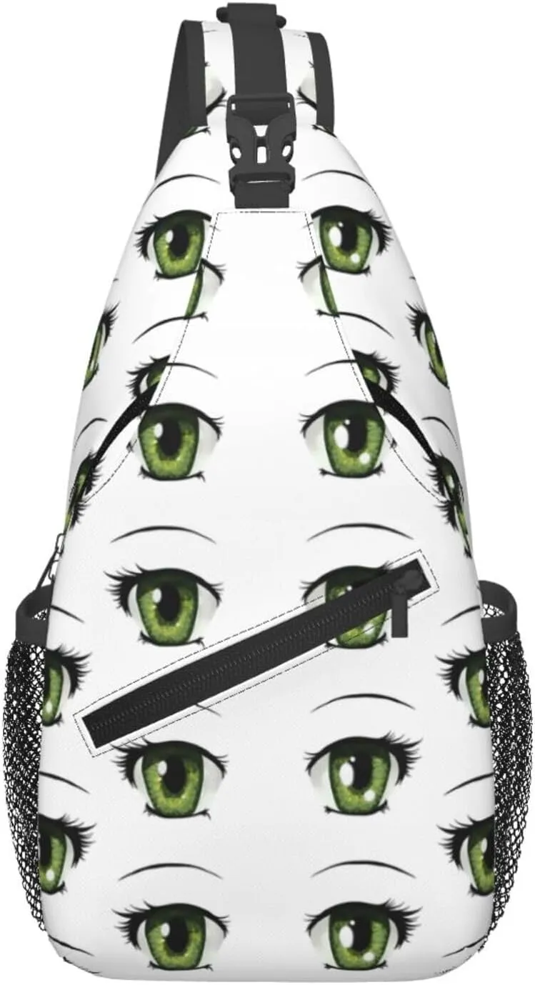 Cartoon Cute Green Eyes Crossbody Bag Cross Chest Bag Adjustable Sling Backpack Sports Gym Shoulder Bags Travel Cycling Daypack Diagonally Casual Rucksack