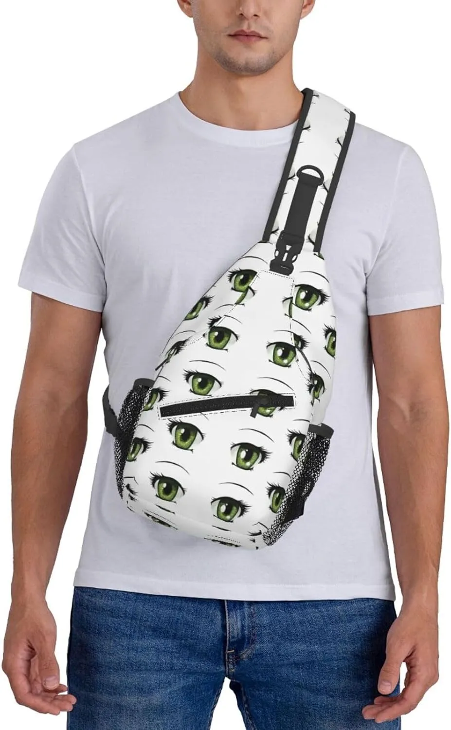 Cartoon Cute Green Eyes Crossbody Bag Cross Chest Bag Adjustable Sling Backpack Sports Gym Shoulder Bags Travel Cycling Daypack Diagonally Casual Rucksack