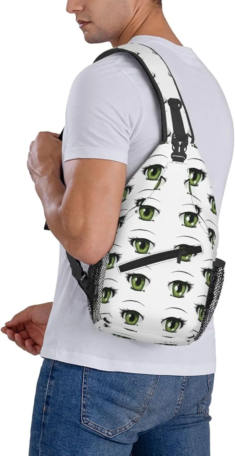 Cartoon Cute Green Eyes Crossbody Bag Cross Chest Bag Adjustable Sling Backpack Sports Gym Shoulder Bags Travel Cycling Daypack Diagonally Casual Rucksack