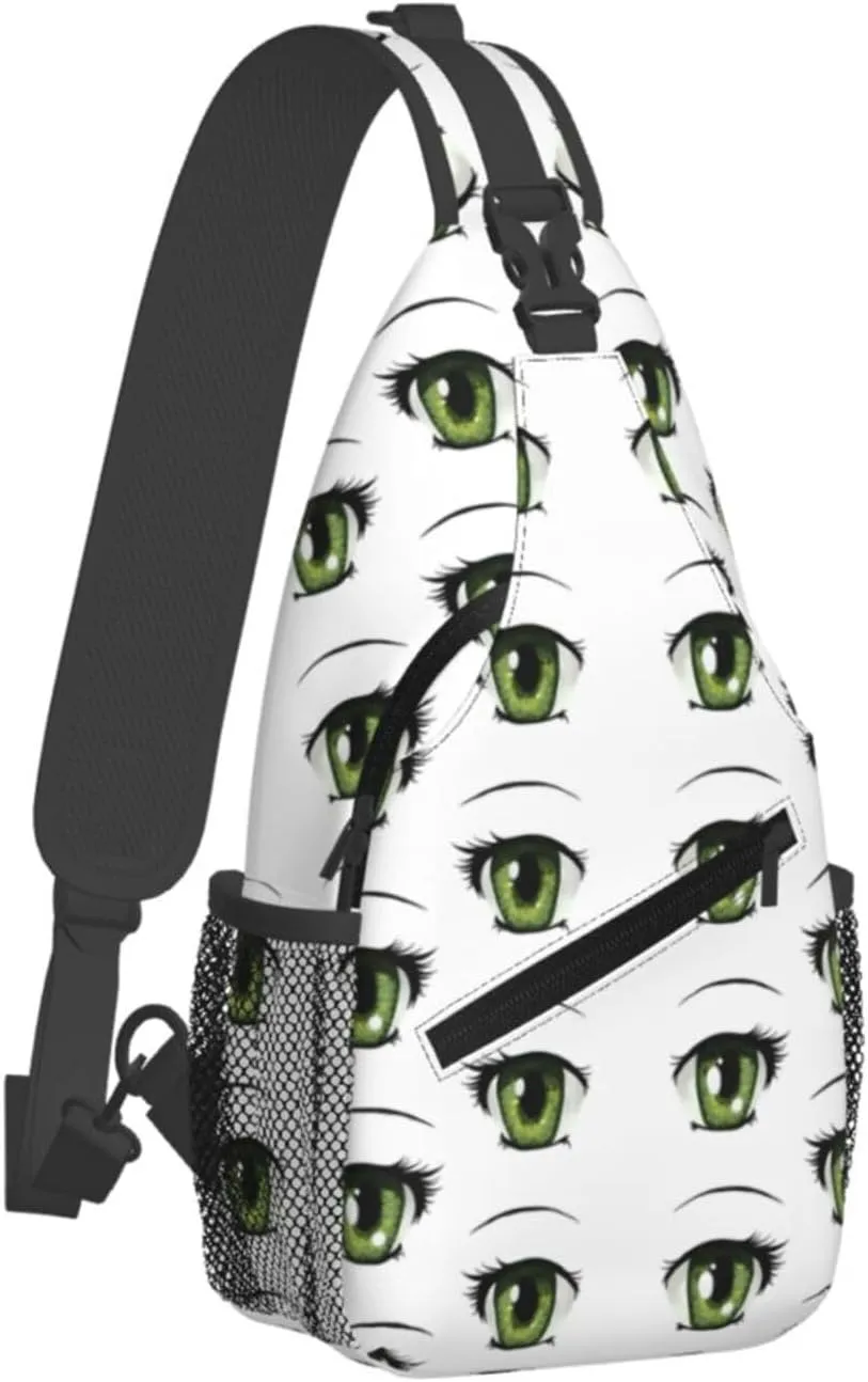 Cartoon Cute Green Eyes Crossbody Bag Cross Chest Bag Adjustable Sling Backpack Sports Gym Shoulder Bags Travel Cycling Daypack Diagonally Casual Rucksack